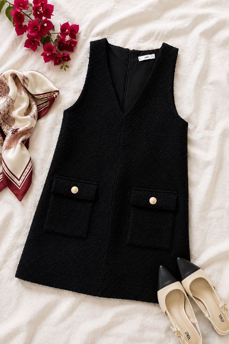 MNG Mango Black Tweed Shift Dress Medium Gold Buttons